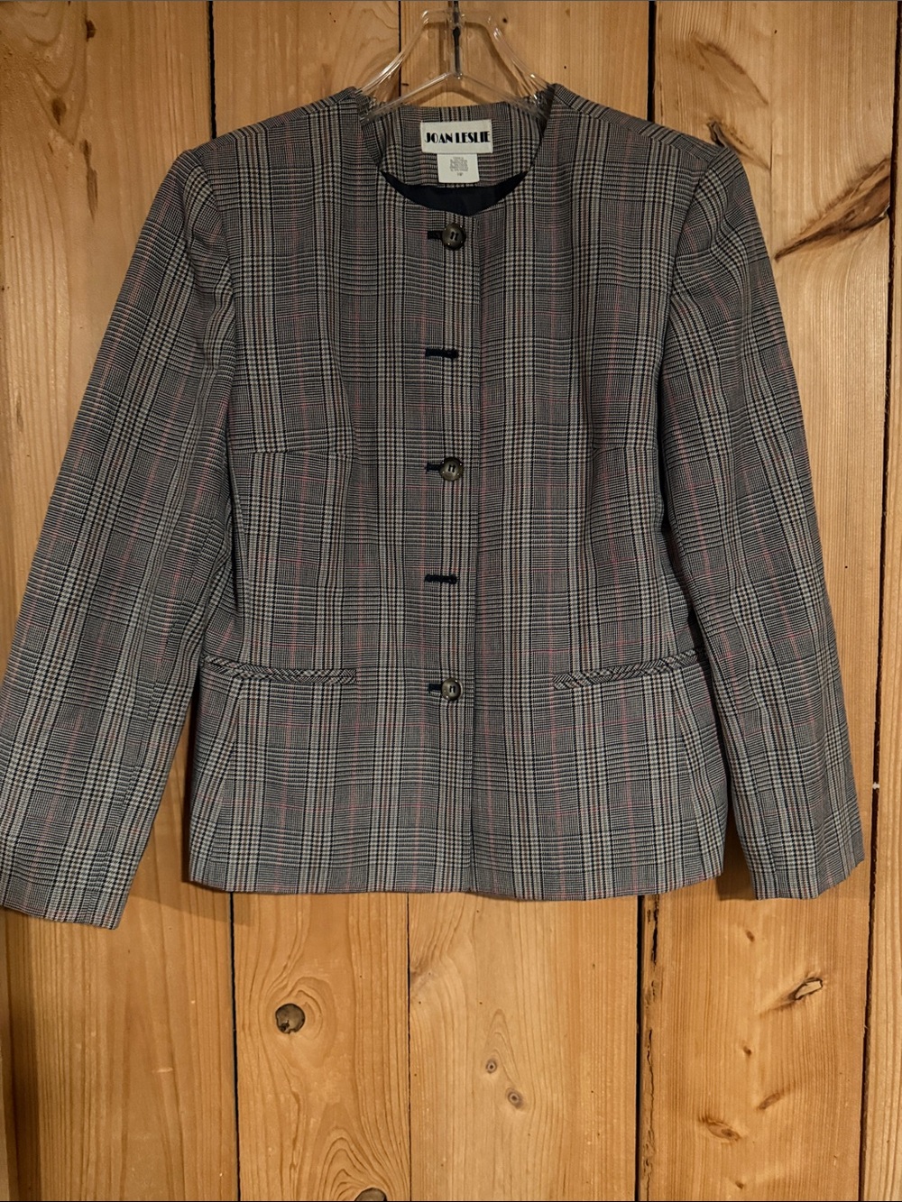 Joan Leslie Gray Plaid Women's Button-Front Blazer with Pink Stripe